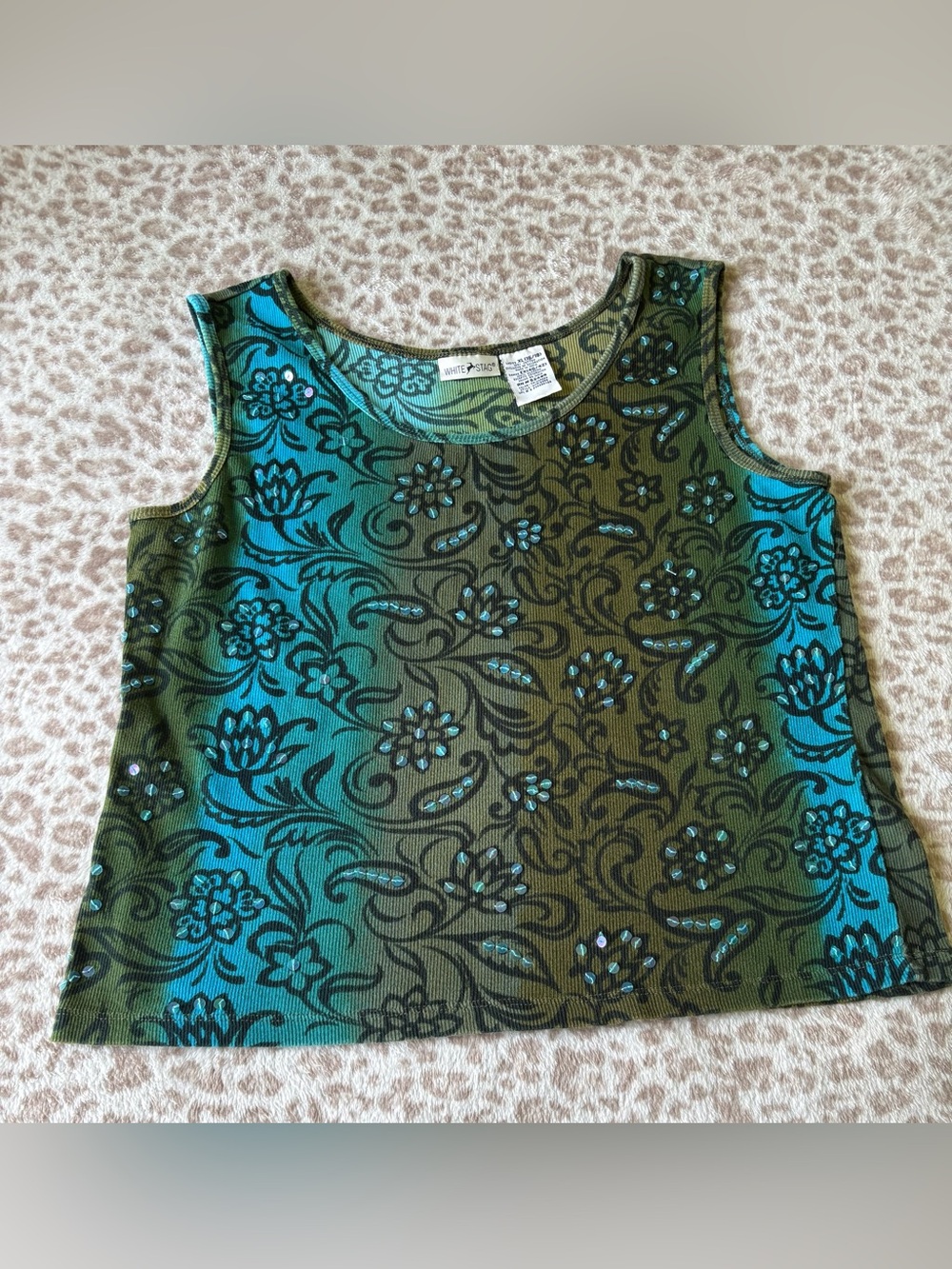 White Stag Teal and Olive Floral Ribbed Tank Top
